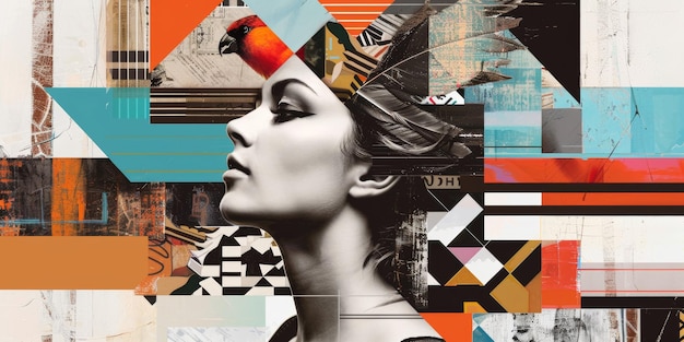 Modern Art Inspired Portrait of a Woman with Geometric Patterns and Bird Elements