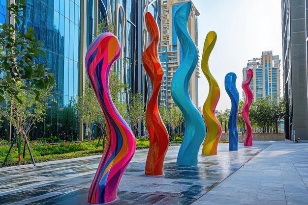 Photo modern art installation in dubai design district features vibrant colorful sculptures that twist and flow creating dynamic visual experience amidst contemporary architecture