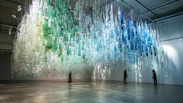 Photo a modern art installation of hundreds of glass bottles hanging from the ceiling