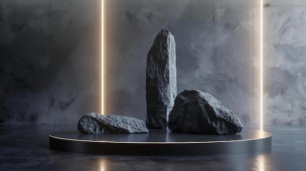 Modern art installation with rocks on a circular platform illuminated by vertical lights against