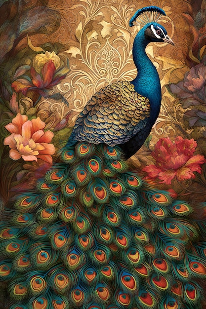 Modern Art Peacock Flowers luxury style Digital Art Generative AI