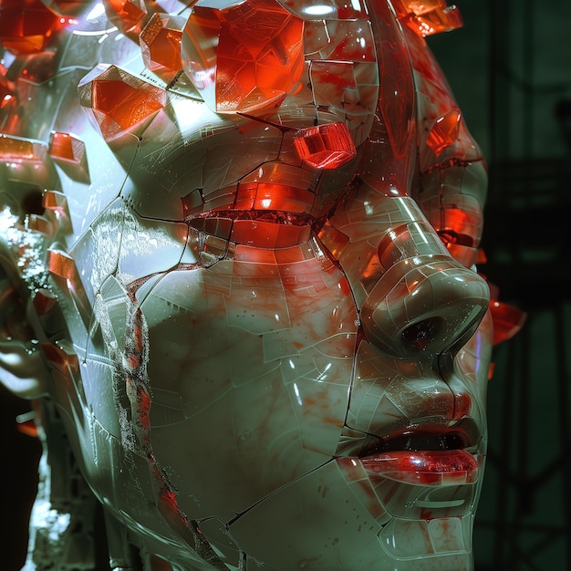 Modern art sculpture of a human head made of crystal and rock detailed vibrant