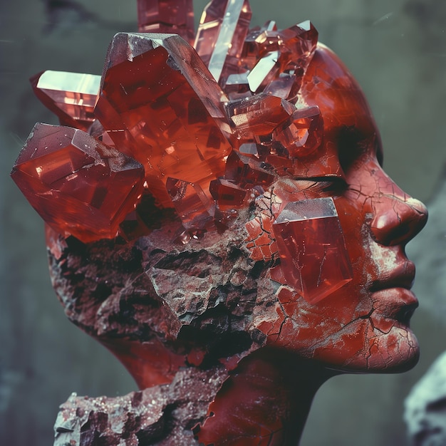 Modern art sculpture of a human head made of crystal and rock detailed vibrant