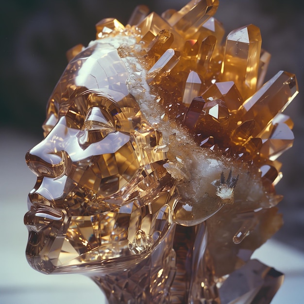 Modern art sculpture of a human head made of crystal and rock detailed vibrant