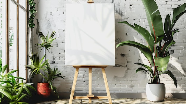 Photo modern art studio with blank canvas on easel white brick wall daylight