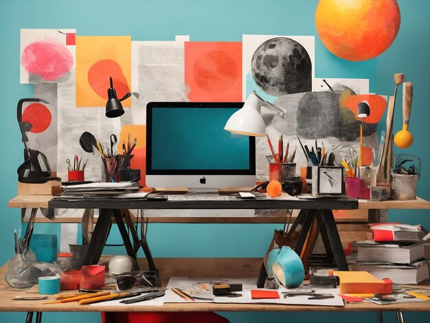 Photo modern artistic workspace collage with desk and creative tools