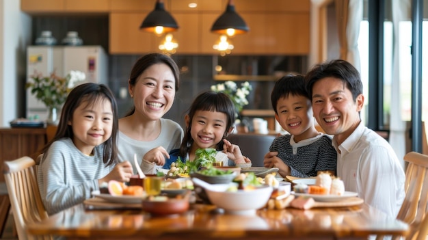 A modern Asian family enjoying a delicious lunch at home smiling for the camera in a