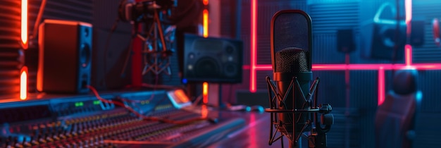 Modern Audio Recording Studio with Neon Lighting A cuttingedge audio recording studio featur