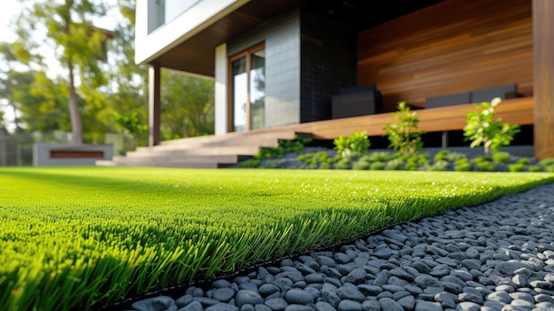 Modern Australian house with contemporary lawn turf and wooden edging Stylish landscaping