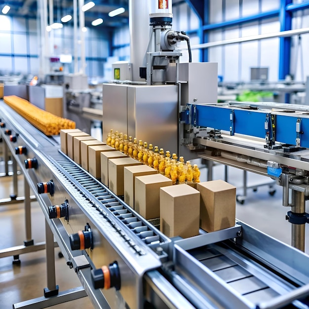 Photo a modern automated conveyor belt system efficiently packs products in a factory setting showcasing advanced manufacturing and industrial processes