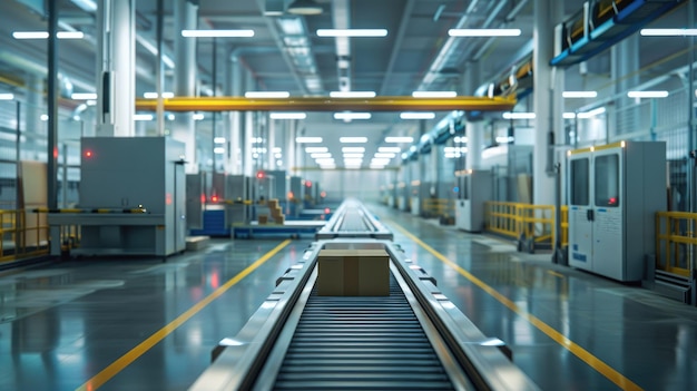 Modern Automated Warehouse Interior with Conveyor Belt and Cardboard Boxes