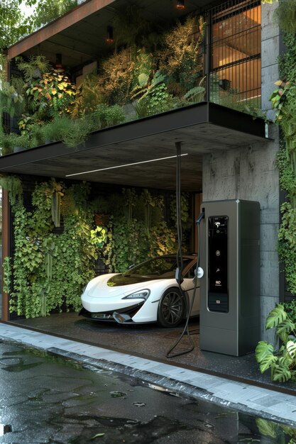 Photo modern autonomous house with vertical garden electric vehicle charging station in urban setting