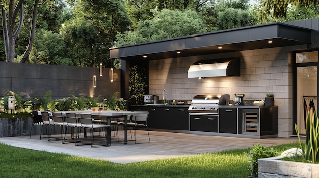 Photo modern backyard featuring an integrated outdoor barbecue generative ai