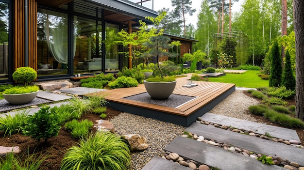 Photo modern backyard terrace with lush garden