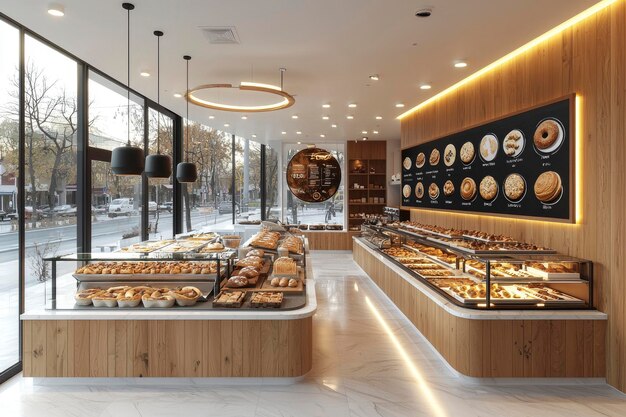 Photo modern bakery interior with display case of fresh baked goods