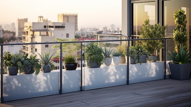 Modern balcony glass railing sleek furniture potted plants Urban and chic