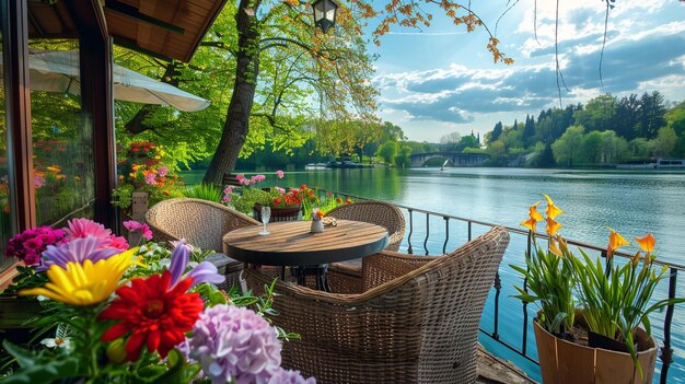 Photo modern balcony space in europe brown outdoor sofa table and chairs lake view landscape