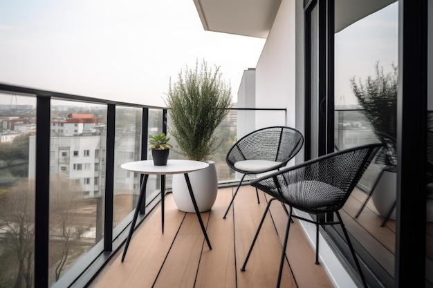 Modern balcony urban view minimalist laptop armchair plant contemporary style generative IA