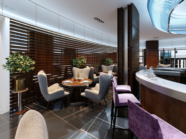 Modern bar and restaurant interior, part of a hotel, designer interior. 3D Rendering