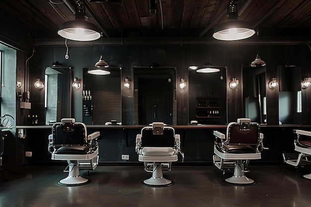 Modern barbershop interior with vintage chairs and dark tones