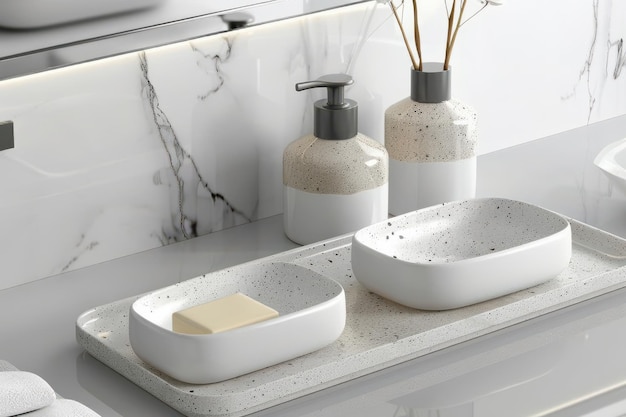 Modern bathroom countertop with minimalist design featuring soap dispenser and decorative elements