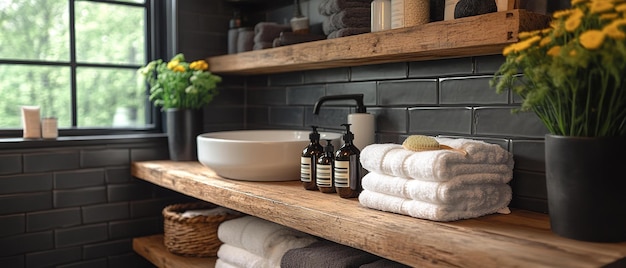 Modern Bathroom Decor Wooden Shelves and Towels