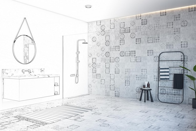 Modern bathroom design project becomes a reality with dark metallic towel holder and small soap table on ceramic tiles wall background 3D rendering