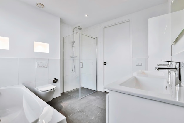 Modern bathroom design with black tiled floor and white walls and window