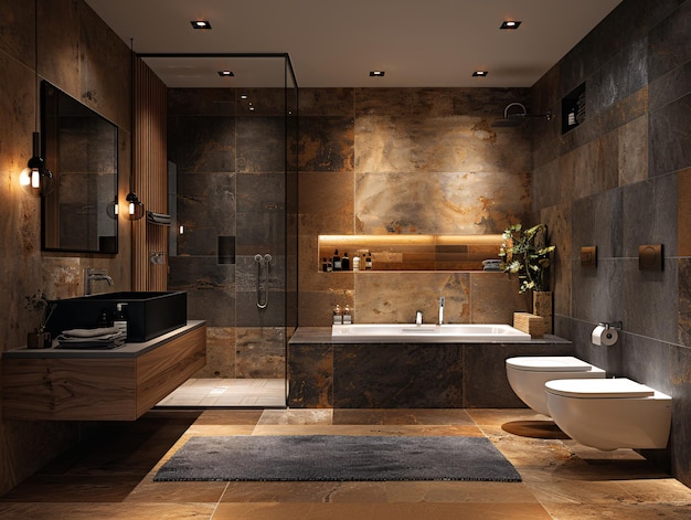 a modern bathroom featuring a large window a walkin shower two sinks and a large mirror