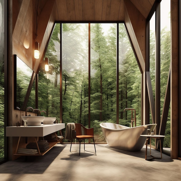 modern bathroom immersed in the forest