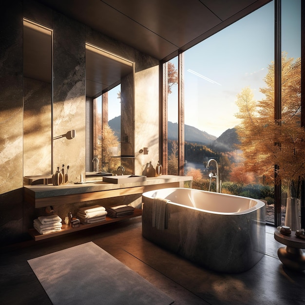 modern bathroom immersed in the forest