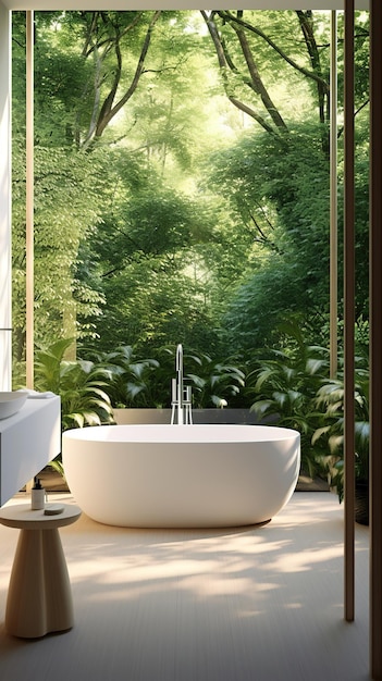 modern bathroom immersed in the forest