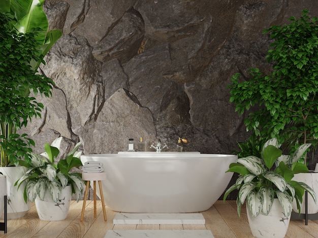 Modern Bathroom interior design have a back dark rocks wall,3d rendering