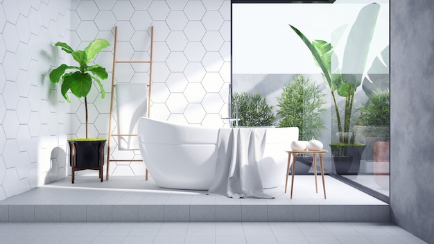 Modern  Bathroom interior design,white bathtub on on white tile wall and concrete floor tile ,3d render