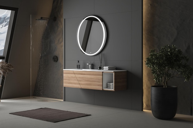 Modern bathroom interior with concrete floor white oval bathtub and white basin shower plant and snowy mountain view from windows Minimalist bathroom with modern furniture 3D rendering