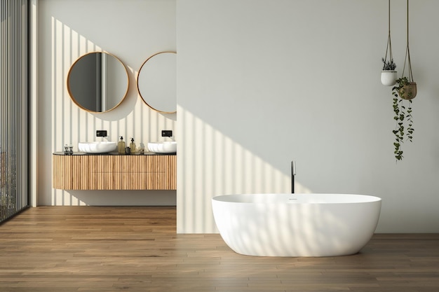 Modern bathroom interior with dark brown parquet floor two sinks double mirrors white bathtub interior plants Minimalist bathroom with modern furniture and city view 3D rendering