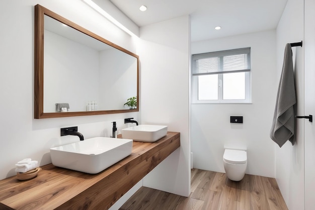 Photo modern bathroom interior with double sink vanity and wooden countertop