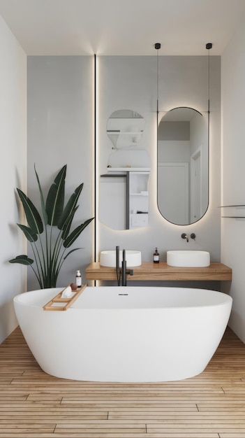 Modern bathroom interior with white bathtub minimalist style spa centre interior