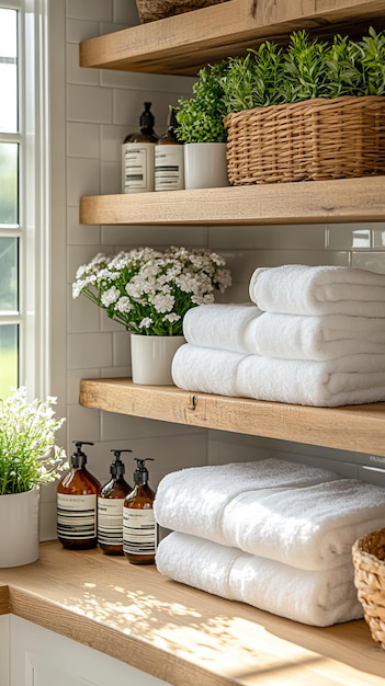 Photo modern bathroom organization with floating shelves and stylish decor