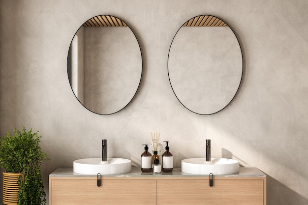 Photo modern bathroom setup with soap dispensers plant blackframed mirrors beige wall ideal for showcasing your products in a stylish and modern setting 3d rendering