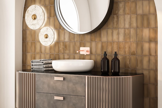 Photo modern bathroom setup with soap dispensers towels blackframed mirror wall lights and ceramic tiles walls ideal for showcasing your products in a stylish and modern setting 3d rendering