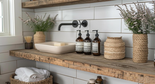 Modern Bathroom Shelves Decoration Natural Wooden Textures