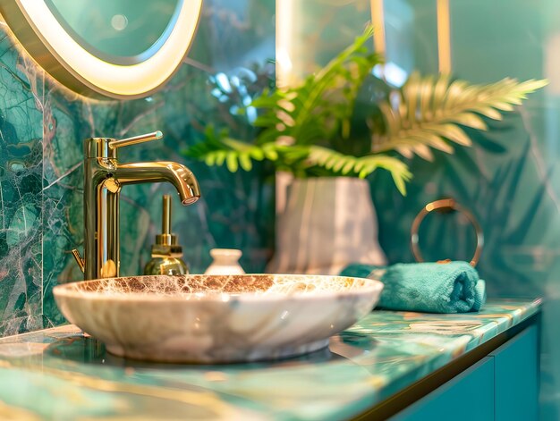 Modern Bathroom Sink with Gold Faucet and Green Marble Countertop Photo