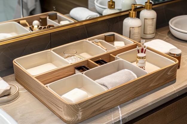 Modern bathroom vanity organizer with multiple compartments for toiletries and towels