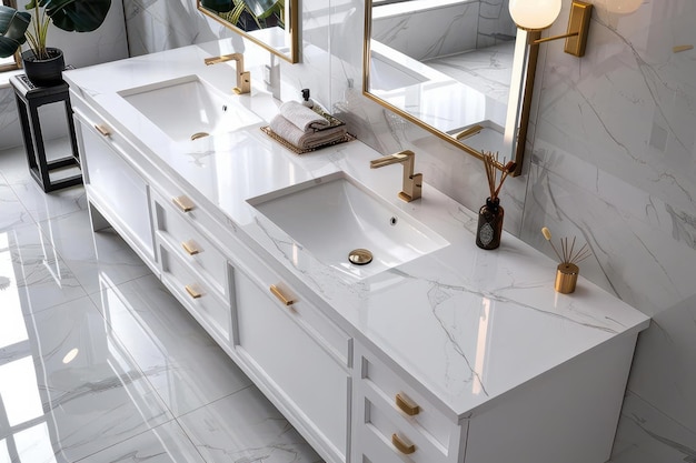 Modern bathroom vanity with dual sinks and elegant fixtures in a bright spacious setting