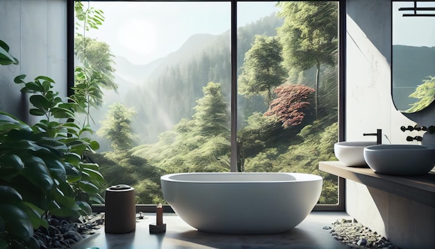 Modern bathroom with bathtub and big windows AI generated