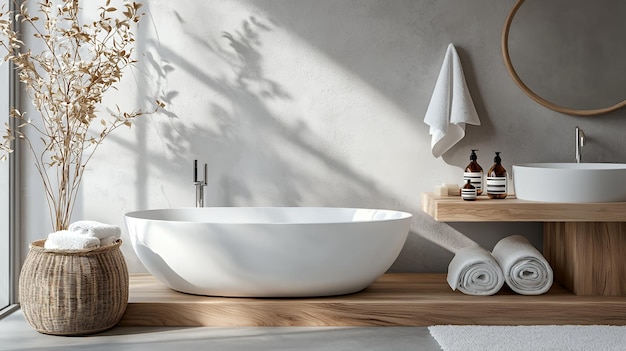 Modern bathroom with a bathtub wooden shelf and white towels