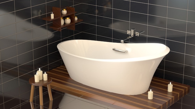 Modern bathroom with ceramic bath with candles. 