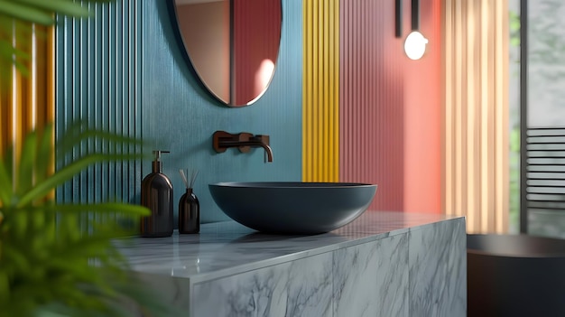 Photo modern bathroom with colorful striped walls and a marble countertop 3d illustration