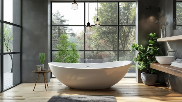 Modern bathroom with large window and greenery